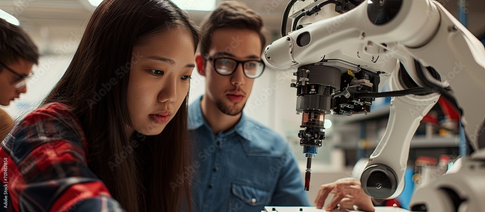 Poster University Robotics Class White Male Teacher Explaining Engineering to Students Using Robot Arm Diverse Group of Young Engineers Sitting at University Computer Science Education Build Design