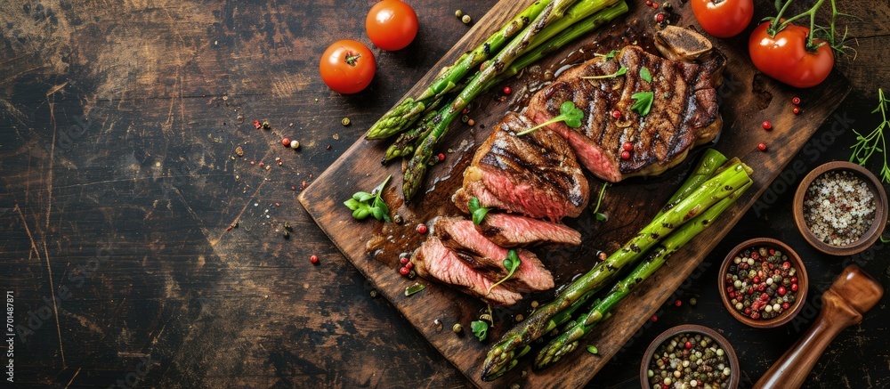 Poster medium rare grilled tomahawk beef steak with asparagus flat lay with copy space. creative banner. co