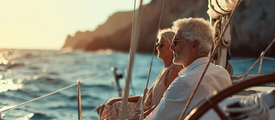 Romantic vacation and luxury travel Senior loving couple sitting on the yacht deck Sailing the sea. Creative Banner. Copyspace image - obrazy, fototapety, plakaty