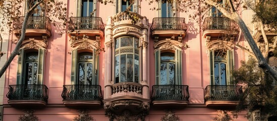 The pastel colored facade of a building in Barcelona adds a touch of charm and elegance to the city...