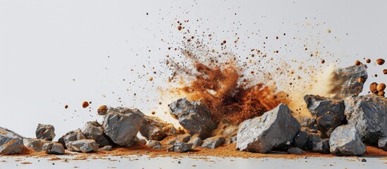 Split debris of stone exploding with brown powder against white background. Creative Banner. Copyspace image - obrazy, fototapety, plakaty