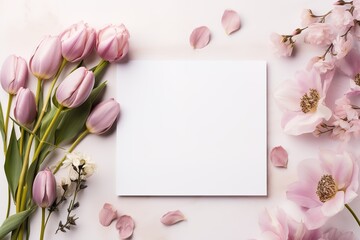 mockup empty white blank card on pink background with tulips flowers
