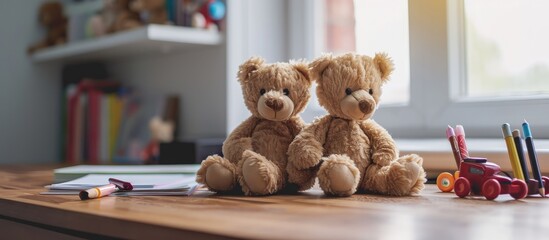 teddy bears sitting on the desk in the office. Creative Banner. Copyspace image