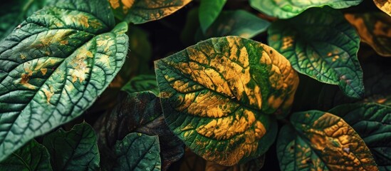 Symptoms of late blight on upper surfaces of potato leaflets. Creative Banner. Copyspace image - obrazy, fototapety, plakaty