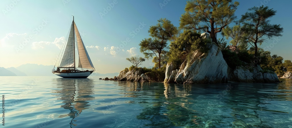 Canvas Prints Sailing vessel moves in a sea under power towards the island. Creative Banner. Copyspace image