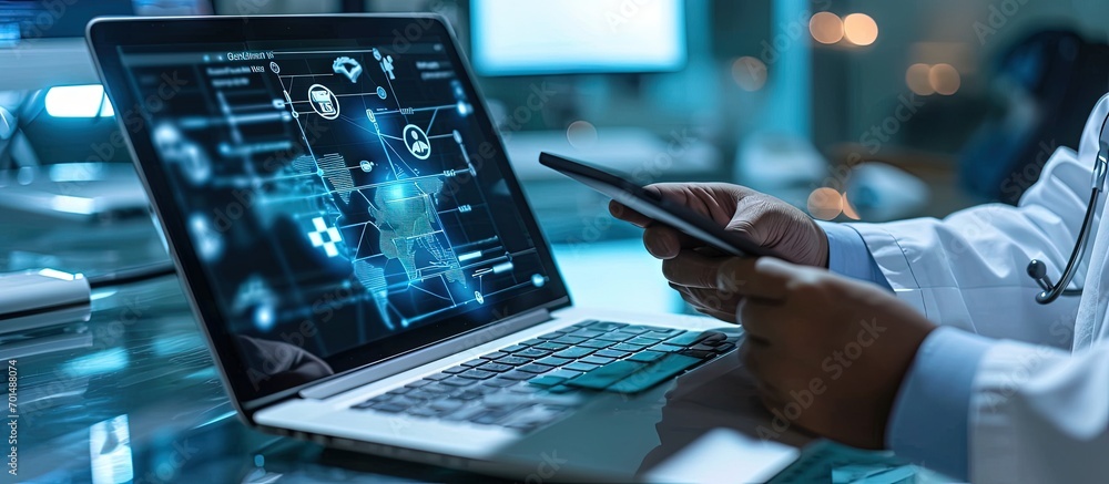 Poster medical technology e health mobile health application telemedicine concept doctor working on laptop 