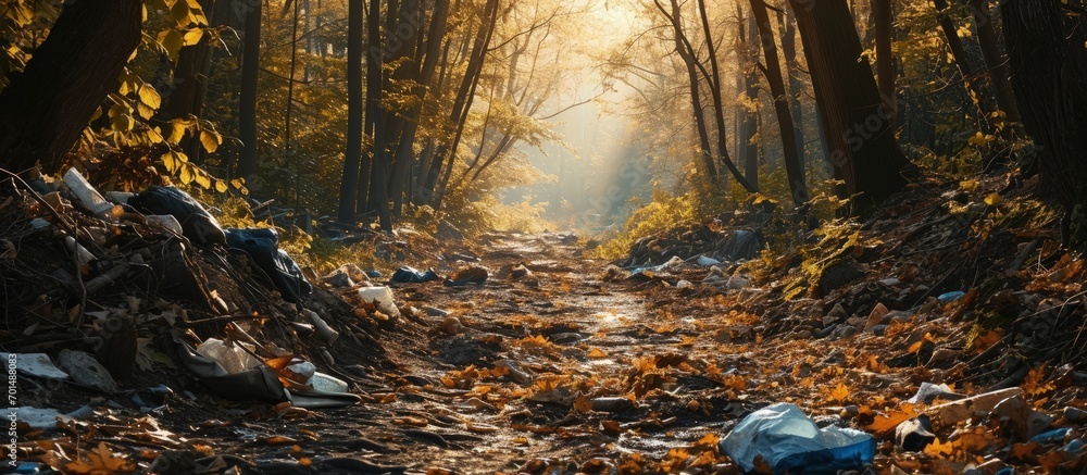 Poster there is a lot of garbage in the forest the concept of human pollution of forests and nature a terri