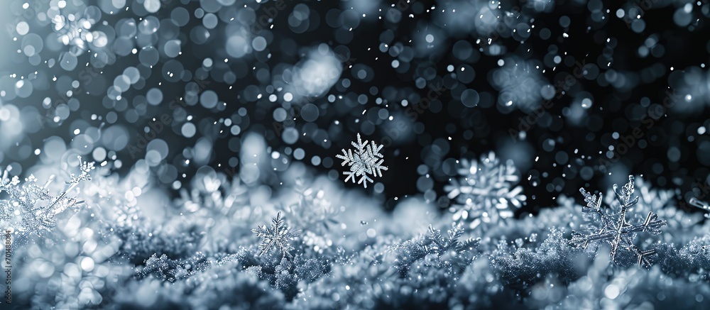 Poster snow black background abstract texture snowflakes falling in the sky overlay. Creative Banner. Copyspace image