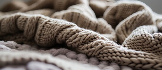 Merino wool handmade knitted large blanket super chunky yarn trendy concept Close up of knitted...