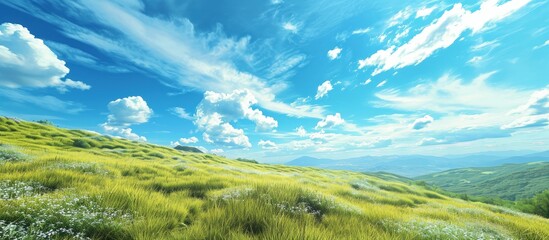 Minimalist landscape grass and grassland blue sky as large copy space. Creative Banner. Copyspace image