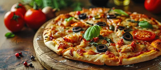 Deurstickers Traditional Italian pizza with crab sticks and olives Top view free space for your text Rustic style. Creative Banner. Copyspace image © HN Works