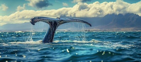 Seascape with Whale tail The humpback whale Megaptera novaeangliae tail dripping with water in False Bay off the Southern Africa Coast. Creative Banner. Copyspace image - obrazy, fototapety, plakaty