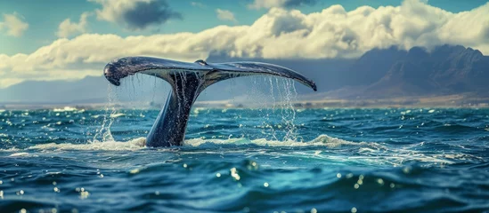 Fotobehang Seascape with Whale tail The humpback whale Megaptera novaeangliae tail dripping with water in False Bay off the Southern Africa Coast. Creative Banner. Copyspace image © HN Works