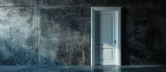 Shot of a closed white door on a gray wall in an empty room. Creative Banner. Copyspace image