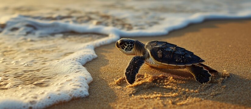 Small green sea turtle Chelonia mydas also known as black sea turtle try to get out of a human footprint on his way to the sea on a beach in Tanzania Africa shortly after hatching from his egg