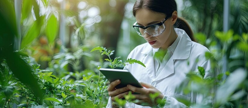Woman scientist genetic engineer with a tablet testing the plant for the presence of genetic modification GMO products and organisms. Creative Banner. Copyspace image
