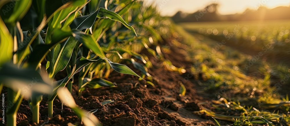 Poster rows of young corn plants on a fertile field with dark soil green corn field in the sunset green cor