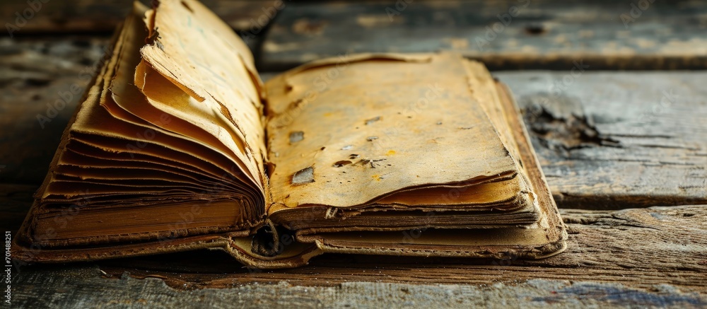 Fototapete Old open notebook with yellowed and stained pages. Creative Banner. Copyspace image