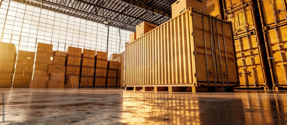 Poster packaging boxes stacked on pallets loading into cargo container cartons cardboard boxes distribution