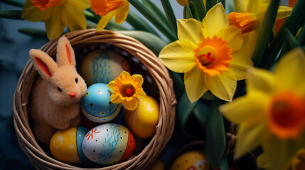 Easter bunny rabbit statuette in straw basket with colored eggs and with daffodil flowers - Powered by Adobe