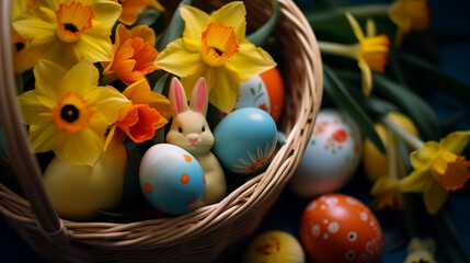 Fototapeta na wymiar Easter bunny rabbit statuette in straw basket with colored eggs and with daffodil flowers