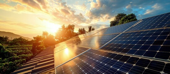 Split view of solar panels on a roof in rainy and sunny weather. Creative Banner. Copyspace image