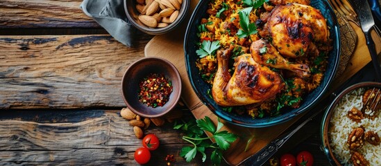 The national Saudi Arabian dish chicken kabsa with roasted chicken quarter and almonds. Creative Banner. Copyspace image