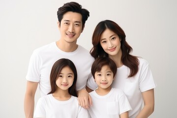 happy young asian family in white t-shirts holding hands mockup isolated on white