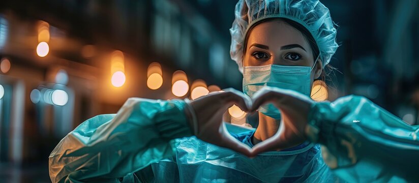 medical workers heroes a nurse in the foreground in a mask and uniform holds her hands in the shape of a heart go to a lot of medical professionals. Creative Banner. Copyspace image