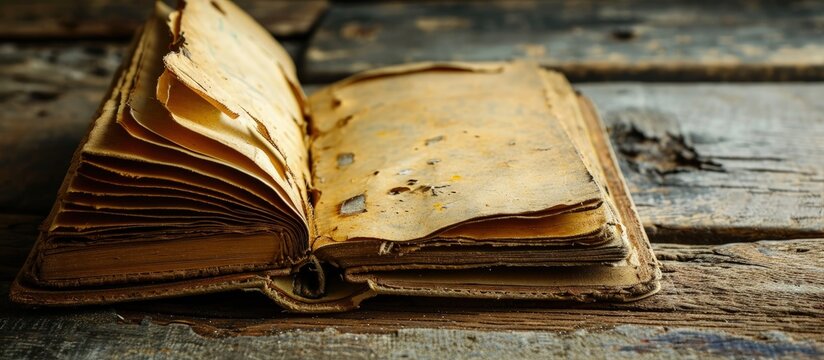 Old open notebook with yellowed and stained pages. Creative Banner. Copyspace image