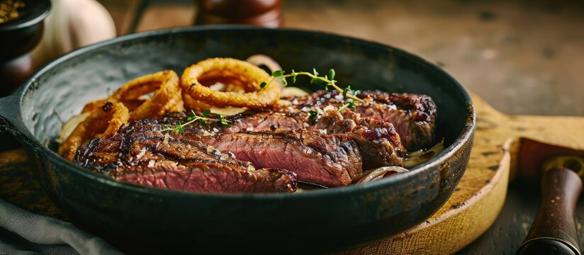 Modern style traditional Cuban dry aged angus bistec encebollado steak with onion rings in soy sauce served as top view in a Nordic design bowl with copy space. Creative Banner. Copyspace image