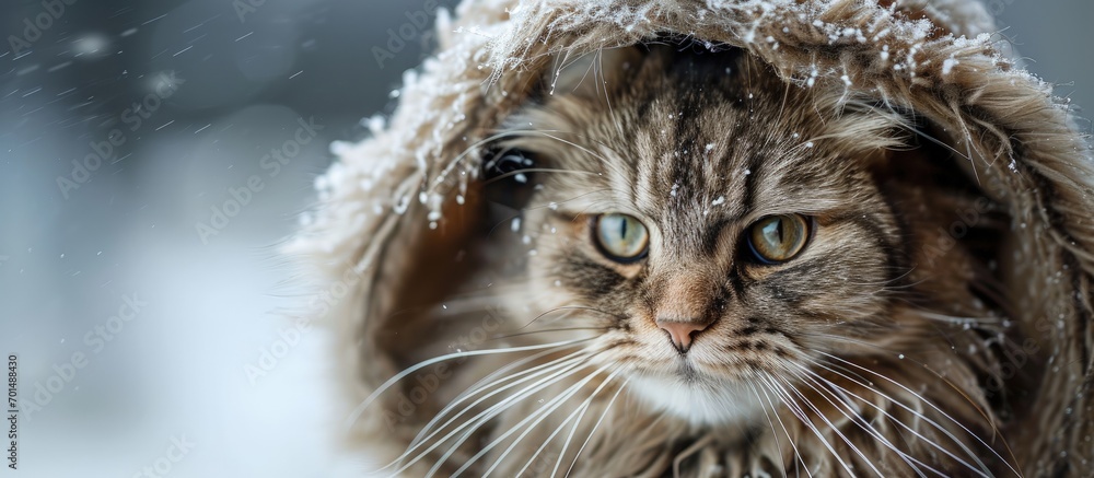 Poster the cat is preparing for winter wrapped up in a pile of woolen clothes. creative banner. copyspace i