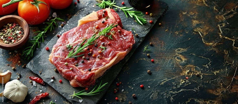 Aufkleber ribeye fresh raw beef steak with spices on stone board top view flat lay with copy space. creative b