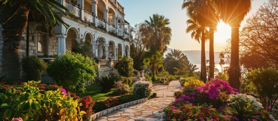 The historical building of Scots hotel in Tiberias and a beautiful garden. Creative Banner. Copyspace image