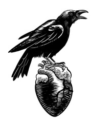 Raven sitting on human heart. Hand-drawn black and white illustration