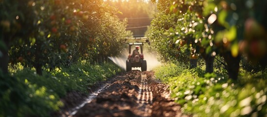 Spraying apple orchard to protect against disease and insects Apple fruit tree spraying with a tractor and agricultural machinery in summer. Creative Banner. Copyspace image - obrazy, fototapety, plakaty