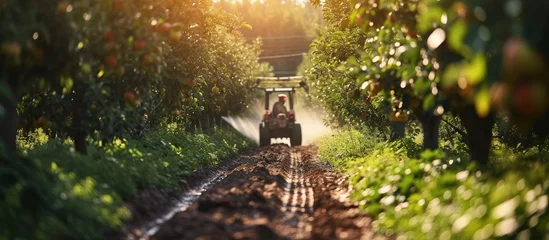 Wandaufkleber Spraying apple orchard to protect against disease and insects Apple fruit tree spraying with a tractor and agricultural machinery in summer. Creative Banner. Copyspace image © HN Works
