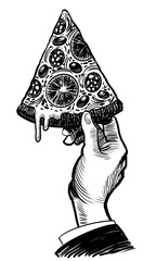 Hand holding a slice of pizza. Hand-drawn black and white illustration
