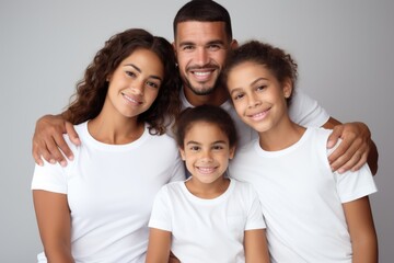 happy young hispanic family in white t-shirts holding hands mockup isolated on white