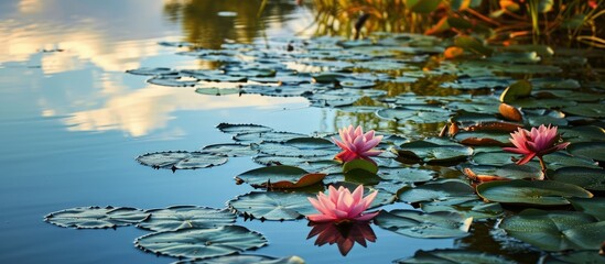 Water lilies grow on the edge of a freshwater lake in Cape Cod Massachusetts These aquatic plants provide habitat for many species and thrive during the summer in shallow temperate habitats