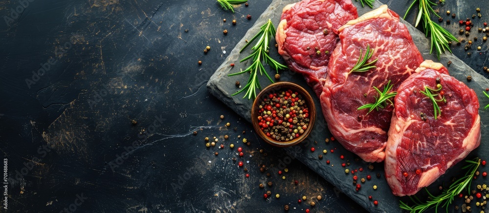 Poster Ribeye fresh raw beef steak with spices on stone board Top view flat lay with copy space. Creative Banner. Copyspace image