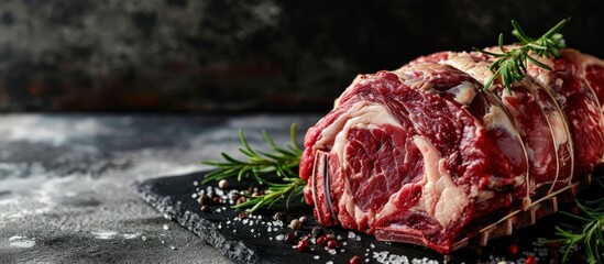 Raw Grass Fed Prime Rib Meat with Herbs and Spices. Creative Banner. Copyspace image