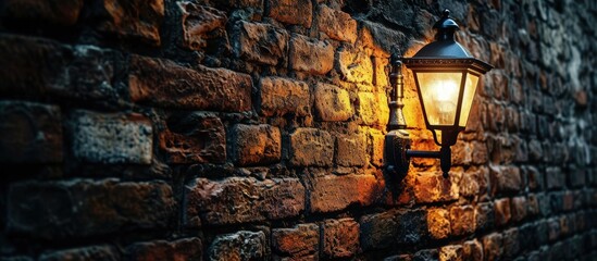Rustic streetlight hanging in an arch and reflecting brick wall texture. Creative Banner. Copyspace image