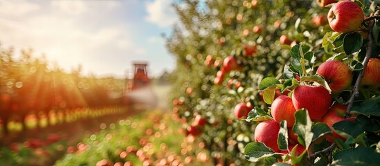 Spraying apple orchard to protect against disease and insects Apple fruit tree spraying with a tractor and agricultural machinery in summer. Creative Banner. Copyspace image