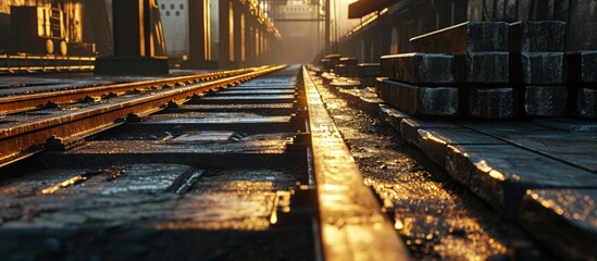 Stowage of steel billets inside of ship s cargo hold. Creative Banner. Copyspace image