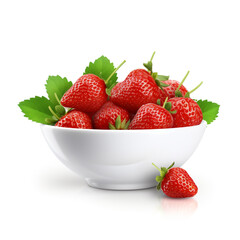 white bowl of strawberries with a green leaf on transparent background created with Generative Ai