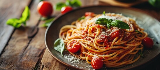 spaghetti with amatriciana sauce in the dish on the wooden table. Creative Banner. Copyspace image