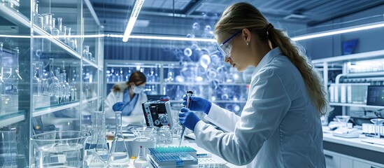Medical Research Scientist Working on Desktop Computer with Gene Analysis Software in Modern Science Research Laboratory Lab Engineers in White Coats Conduct Experiments in the Background