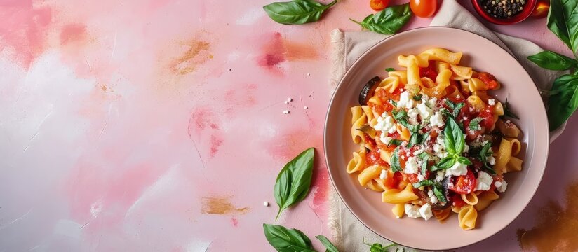 Pasta with eggplant tomato sauce basil served with grated ricotta salata cheese Pasta alla Norma pasta salad Pink and beige table surface Directly above vertical image. Creative Banner