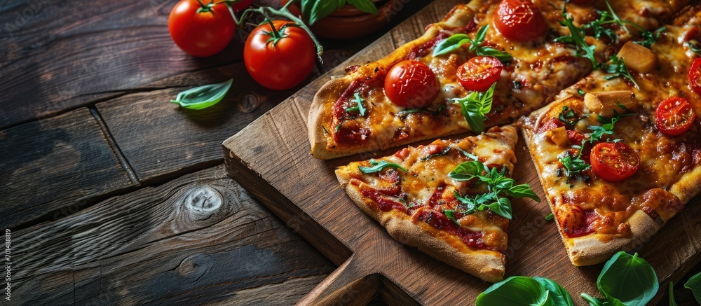 Poster rectangular pizza with mushrooms tomatoes and arugula on a wooden cutting board. creative banner. co